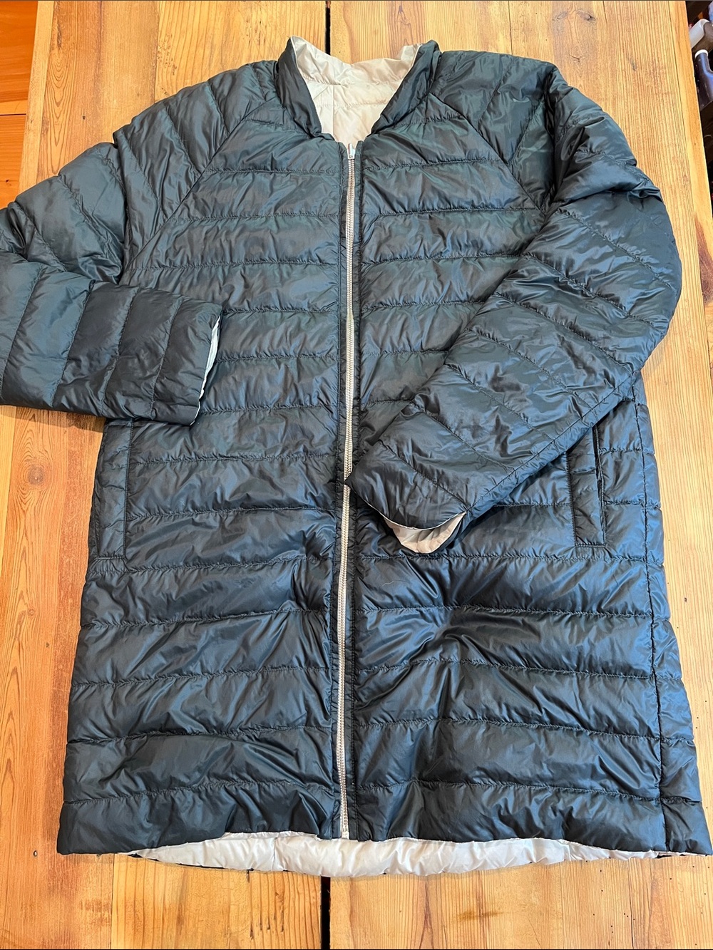 ATHLETA M ReversaWarm Down Feather Coat Parka Reversible Grey/Birch Grey